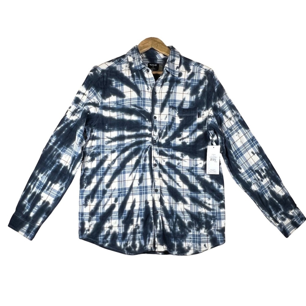 Hurley Portland Tie Dye Flannel LS Shirt Mens Small Navy Blue Plaid NWT Surf